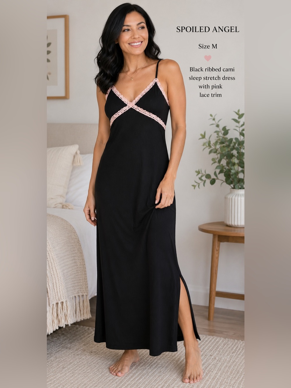 Spoiled Angel Y2K Inspired Black Ribbed Pink Lace Trim Cami Sleep Dress Nightgow